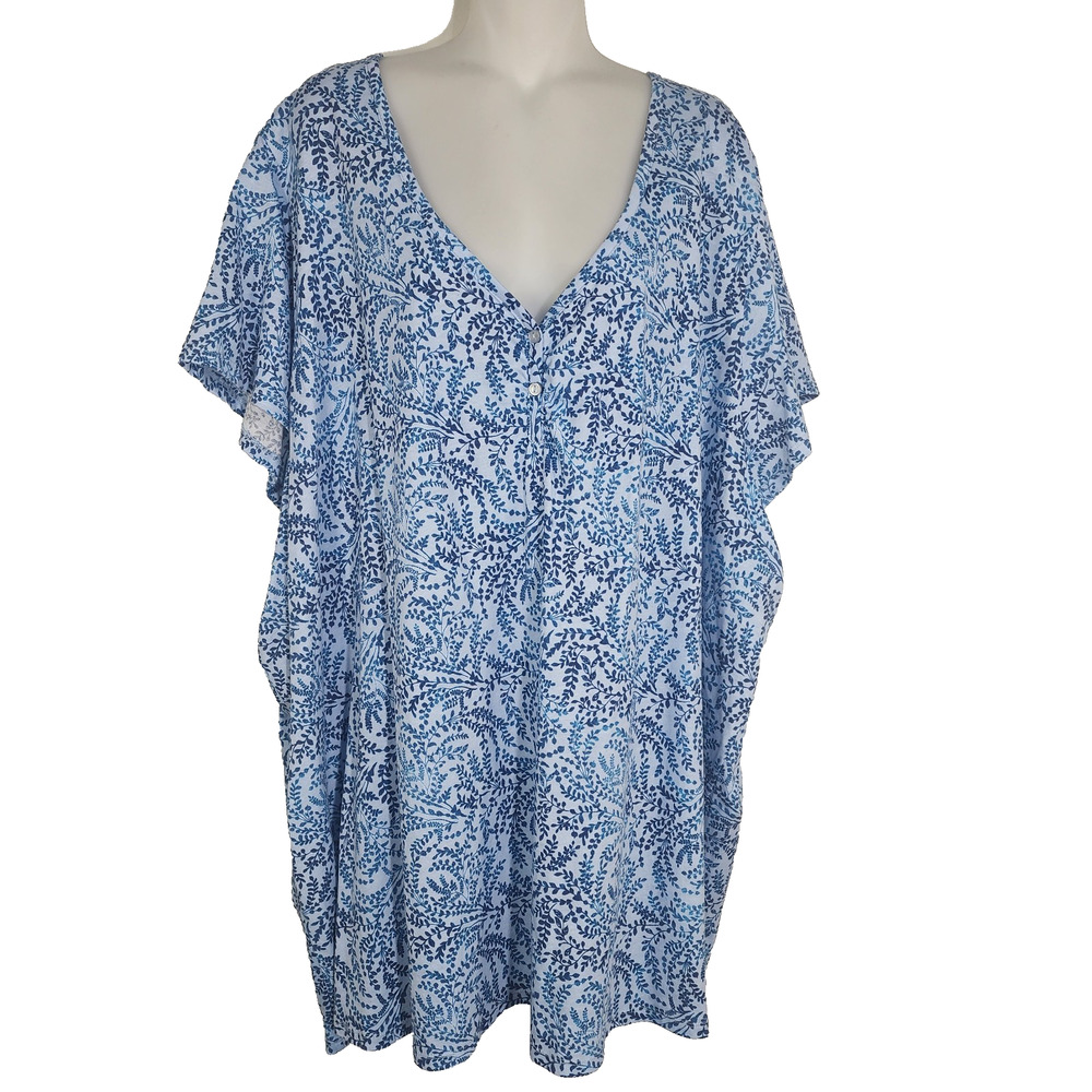 Roaman's Womens Top Size 6X 42/44 Blue Floral V Neck Short Sleeve 100% Cotton